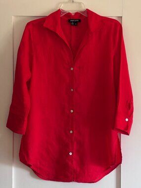 Red Linen button down Shirt size 6 100% linen Paperwhite tunic back buttons